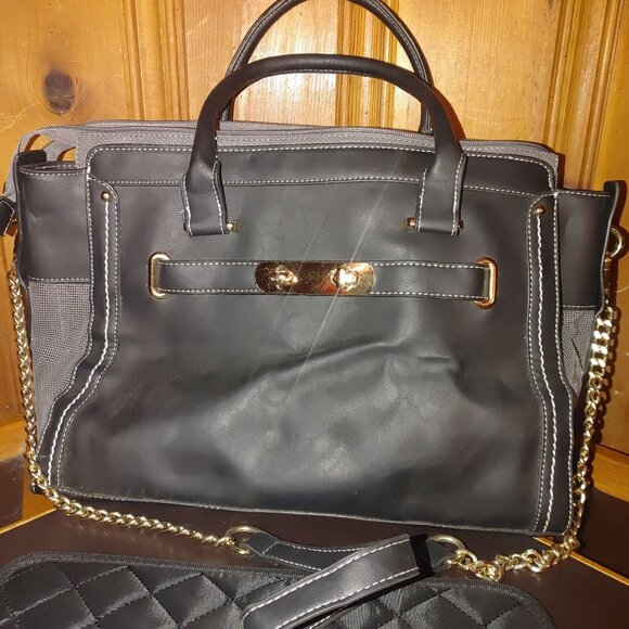 Pet Carrier Bag Purse Mesh Sides Quilted Base Black Gray Gold Chain Strap - Picture 2 of 9